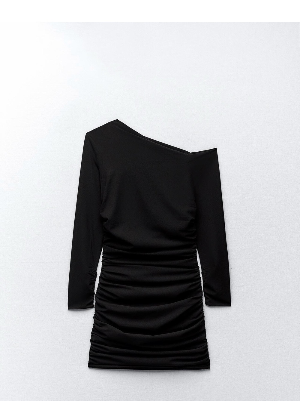 Zara Black One-Shoulder Ruched Long-Sleeve Mini Dress